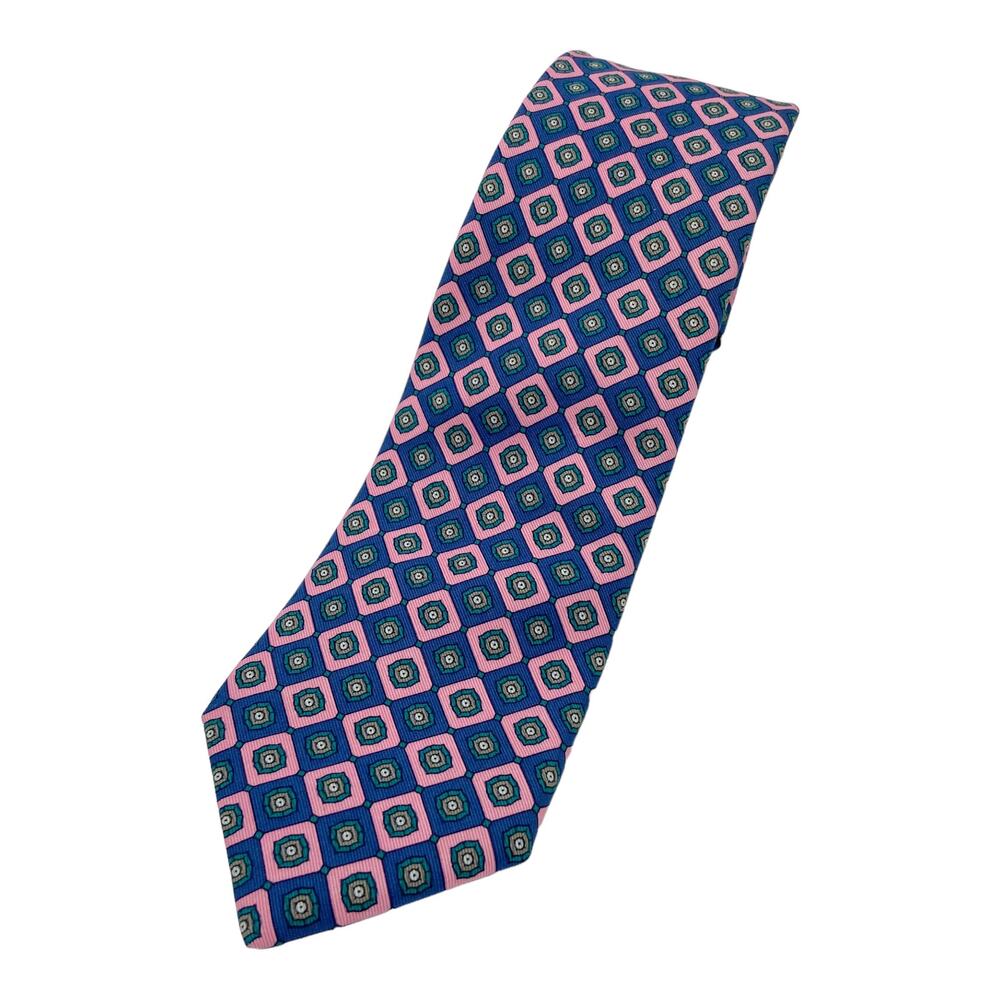 Aquascutum London Silk Tie Pink Blue Geometric Diamond Print Necktie